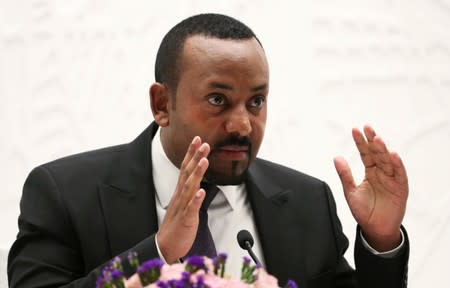 Ethiopia's Prime Minister Abiy Ahmed speaks at a news conference at his office in Addis Ababa