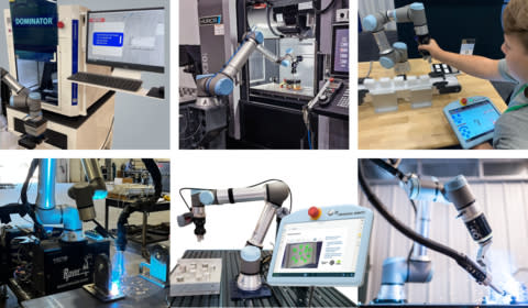 At IMTS, Universal Robots will be showcasing a wide range of new applications with cobots, including dynamic path planning (pictured below, center), which ensures that the cobot follows the most efficient, collision-free path without the user having to configure the motion. This is particularly useful when the exact location where the robot will pick up the part is unknown. (Photo: Business Wire)