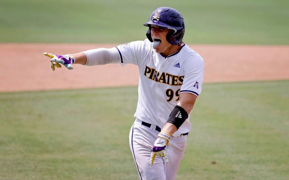 East Carolina’s Alec Makarewicz (99) celebrates hitting a homerun in the eighth inning during ECUís 13-7 victory over Texas in the Greenville Super Regional at Clark-LeClair Stadium Friday, June 10, 2022.