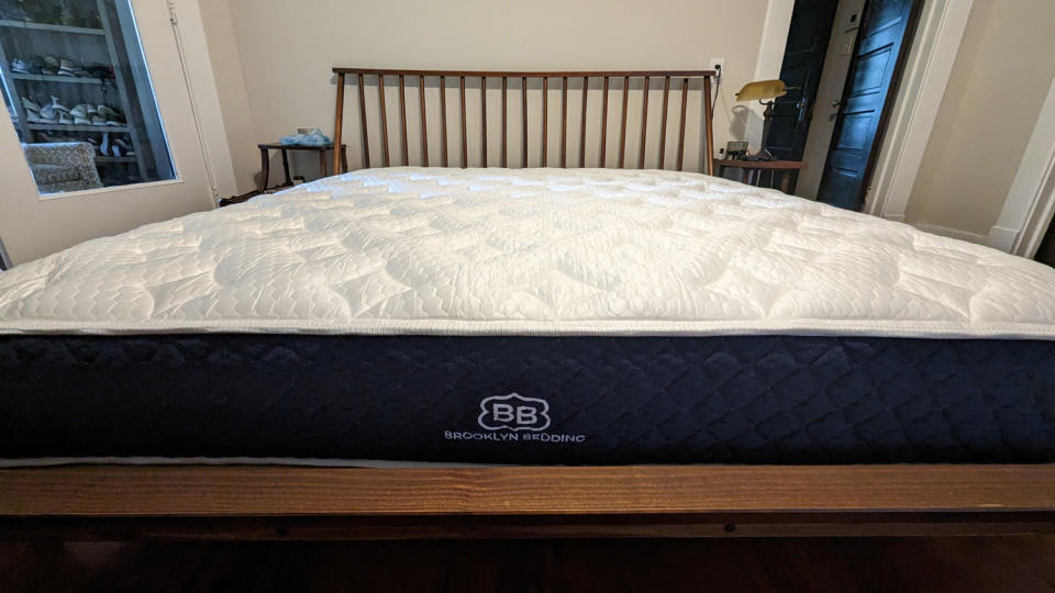 The Brooklyn Bedding Signature Hybrid with Cloud Pillow Top mattress on a bed