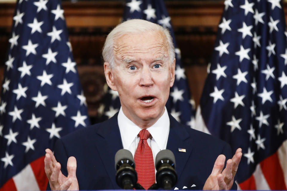 FILE- in the June 2, 2020 file photo, Democratic presidential candidate, former Vice President Joe Biden addresses the media in Philadelphia. Biden's comment, "If you have a problem figuring out whether you're for me or Trump, then you ain't black." made during a May 22, 2020 interview at "The Breakfast Club" holds the number seven spot on the Yale Law School librarian's list of the most notable quotes of 2020. (AP Photo/Matt Rourke, File)