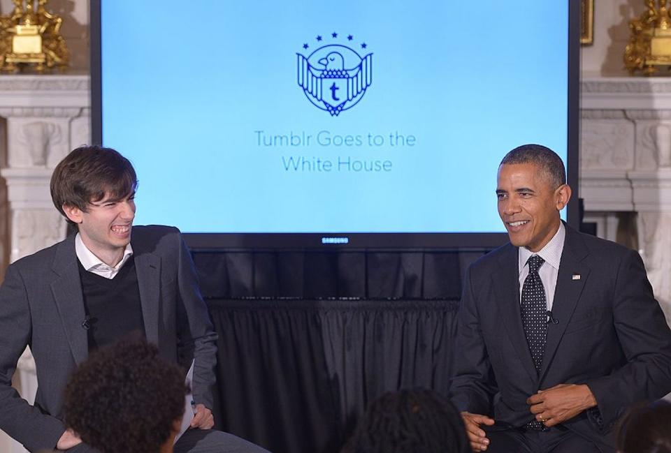 Tumblr founder David Karp meets with President Barack Obama in 2014 at a high point for the social media platform. <a href="https://www.gettyimages.com/detail/news-photo/president-barack-obama-speaks-during-an-event-on-the-news-photo/450398894?adppopup=true" rel="nofollow noopener" target="_blank" data-ylk="slk:Mandel Ngan/AFP via Getty Images;elm:context_link;itc:0;sec:content-canvas" class="link ">Mandel Ngan/AFP via Getty Images</a>