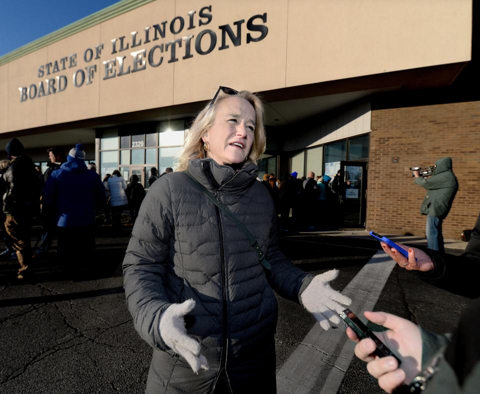 Incumbent U.S. Rep. Nikki Budzinski, (D-13th District) answers questions at the Illinois State Board of Elections Monday where she showed up early on the first day of candidate filings for the 2024 primary election on March 19.