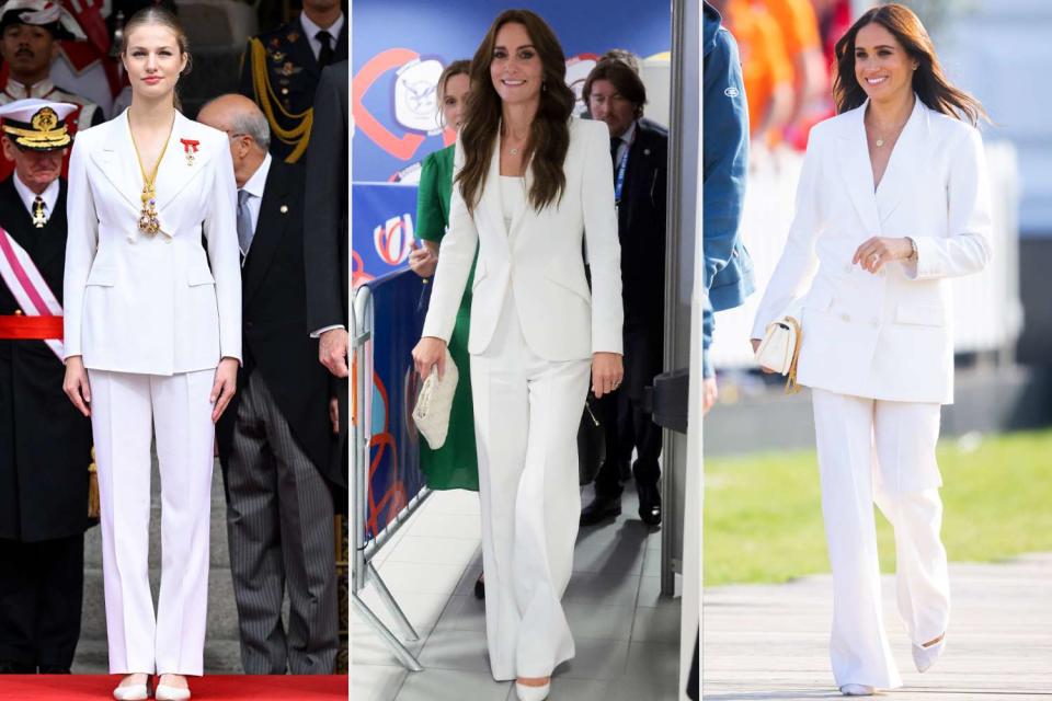 <p>Carlos Alvarez/Getty Images; Jean Catuffe/Getty Images; Samir Hussein/WireImage</p> Princess Leonor of Spain, Kate Middleton and Meghan Markle have all worn white suits in 2023.