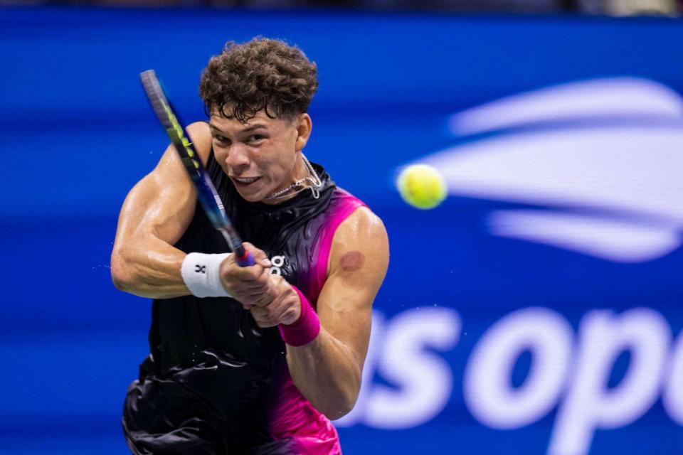 PHOTO: Ben Shelton returns the ball to Frances Tiafoe during their quarterfinal match at the U.S. Open in New York City, Sept. 5, 2023. (Corey Sipkin/AFP via Getty Images)