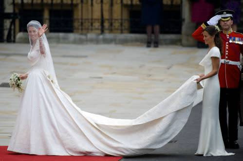 Difference: The train.  Kate Middleton's was more than two meters long and adorned with reams of hand-embroidered lace.