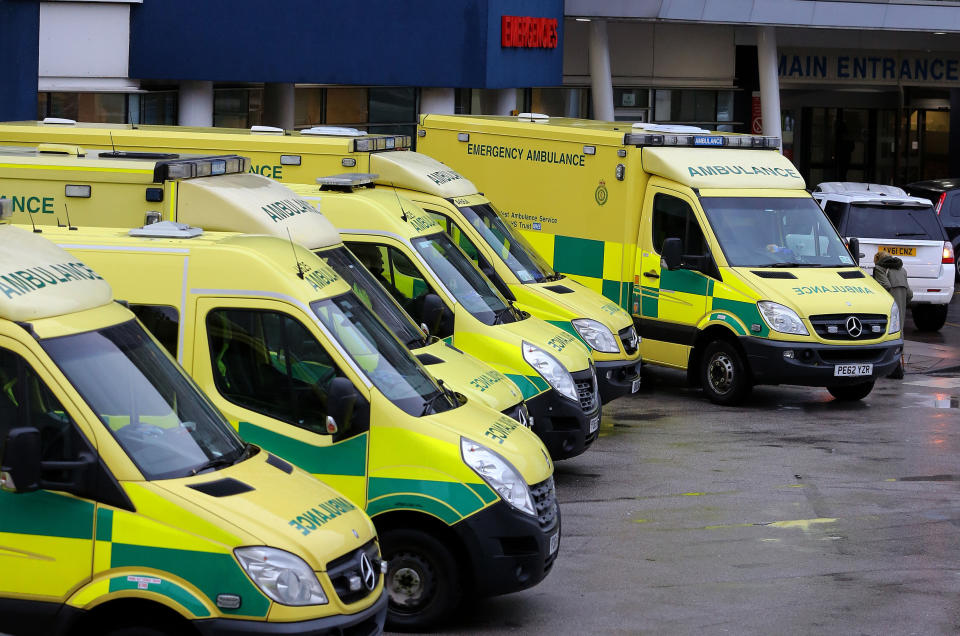 File photo dated 04/01/18 of ambulances outside a hospital. Ambulance crews are being fined for driving in bus lanes, and banned from public transport lanes when not on a 999 emergency, according to their union.