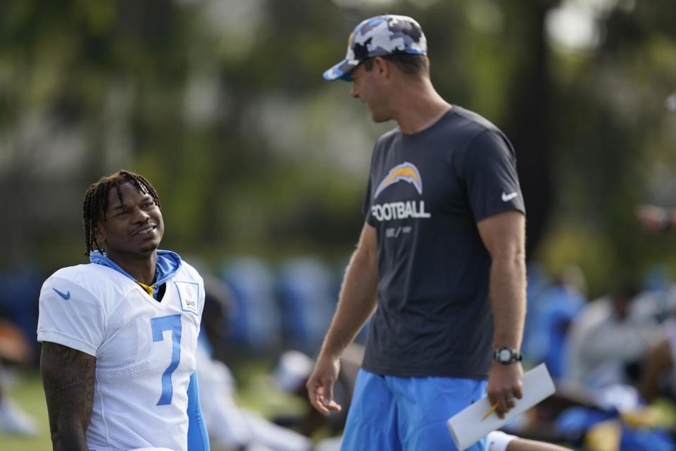 Chargers tight end Gerald Everett (left) said he had a good relationship with now-fired coach Brandon Staley.