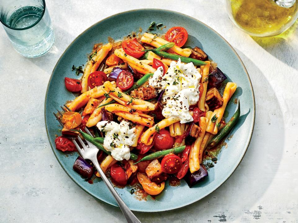July: Warm Pasta Salad with Tomatoes and Eggplant