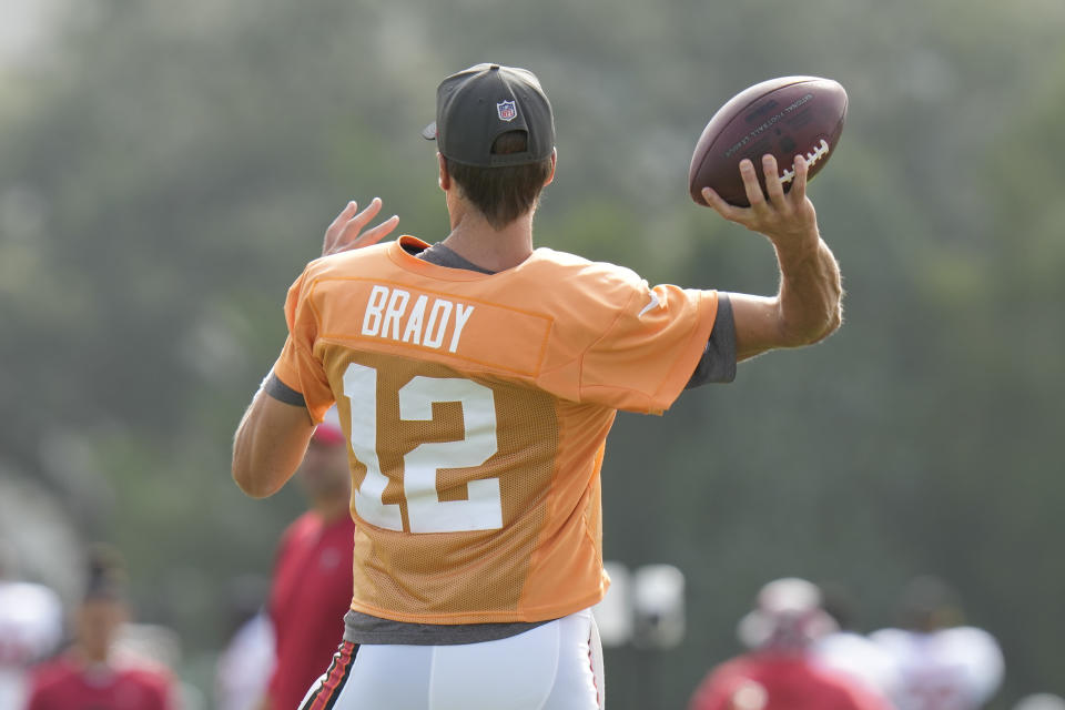 Tampa Bay Buccaneers Tom Brady throws a pass during an NFL football training camp practice Wednesday, Aug.  10, 2022, in Tampa, Fla.  (AP Photo/Chris O'Meara)