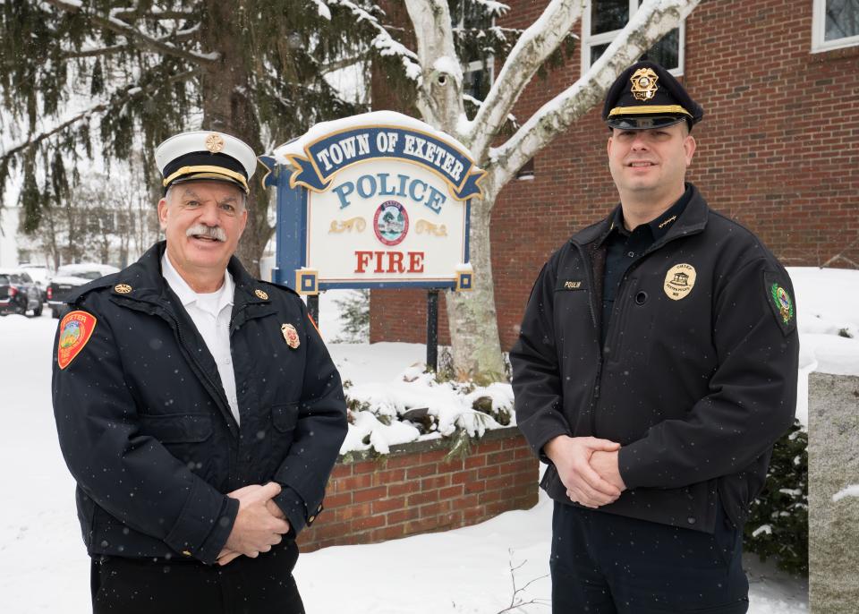 Exeter Fire Chief Eric Wilking and Police Chief Stephan Poulin pose for a photo at the Public Safety Complex on Court Street.