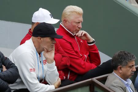 Tennis - French Open - Roland Garros - Novak Djokovic of Serbia vs Yen-Hsun Lu of Taiwan - Paris, France - 24/05/16. Novak Djokovic's trainer Boris Becker. REUTERS/Benoit Tessier