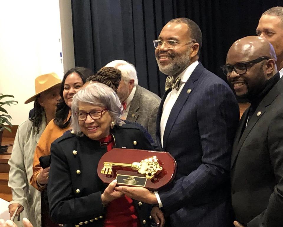 Petersburg Mayor Sam Parham presents a "Key to the City" to Ann Taylor at her 89th birthday celebration on January 6.