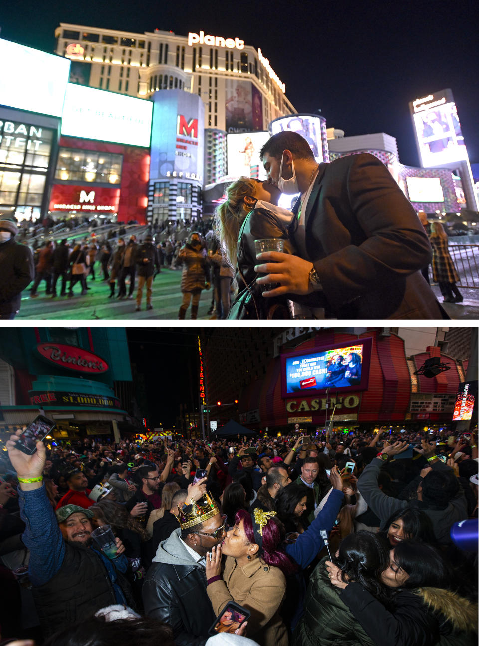 A combo of images shows a couple kissing, top, as they celebrate New Year's Eve along the Las Vegas Strip late on Thursday, Dec 31, 2020, in Las Vegas and bottom, revelers celebrate during a New Year's party in downtown Las Vegas in the first moments on Wednesday, Jan. 1, 2020. As the world says goodbye to 2020, there will be countdowns and live performances, but no massed jubilant crowds in traditional gathering spots like the Champs Elysees in Paris and New York City's Times Square this New Year's Eve. The virus that ruined 2020 has led to cancelations of most fireworks displays and public events in favor of made-for-TV-only moments in party spots like London and Rio de Janeiro. (AP Photo/David Becker and Chase Stevens/Las Vegas Review-Journal via AP)