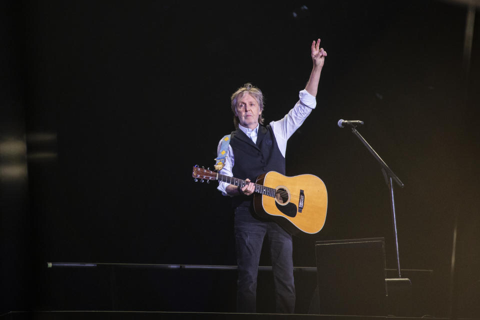 Paul McCartney performs at the Glastonbury Festival in Worthy Farm, Somerset, England, Saturday, June 25, 2022. (Photo by Joel C Ryan/Invision/AP)