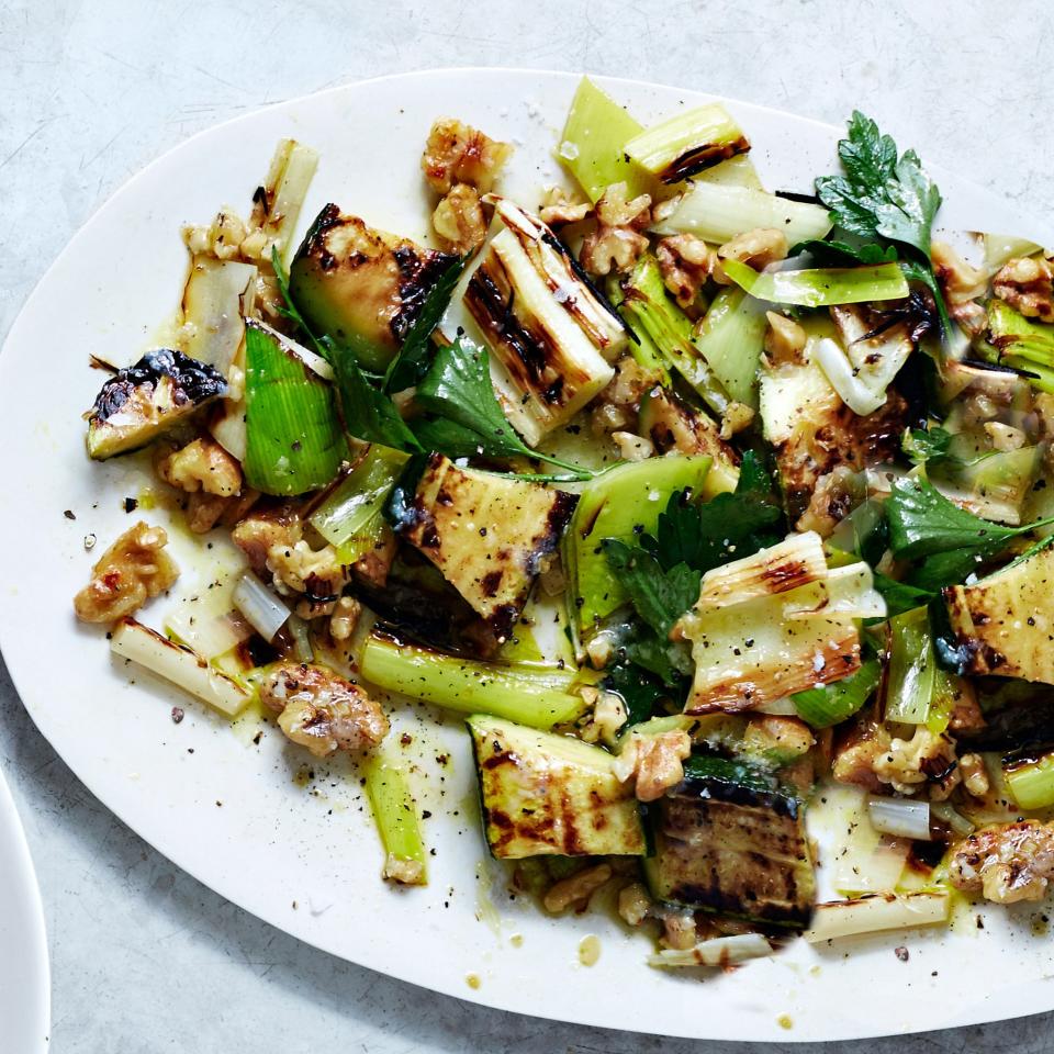 Grilled Zucchini and Leeks with Walnuts and Herbs