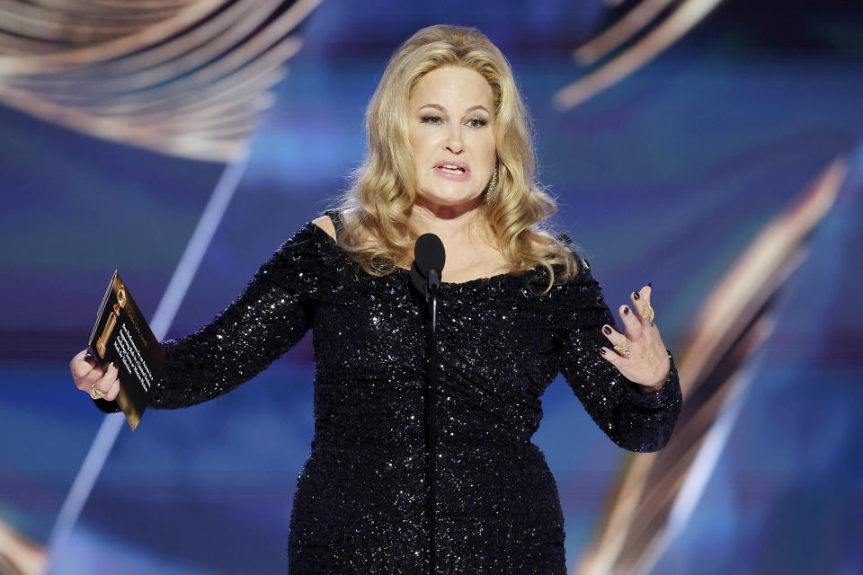 This image released by NBC shows Jennifer Coolidge accepting the Best Actress in a Limited or Anthology Series or Television Film award for "The White Lotus" during the 80th Annual Golden Globe Awards at the Beverly Hilton Hotel on Tuesday, Jan. 10, 2023, in Beverly Hills, Calif. (Rich Polk/NBC via AP)