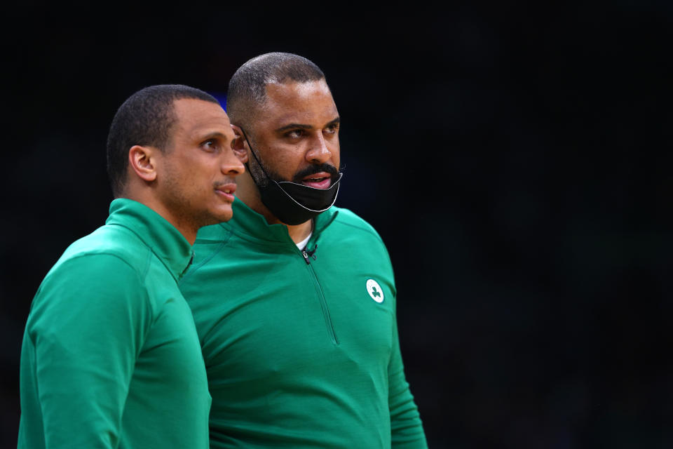 Boston Celtics assistant Joe Mazzulla (left) will serve as interim head coach during Ime Udoka&#39;s one-year suspension. (Elsa/Getty Images)