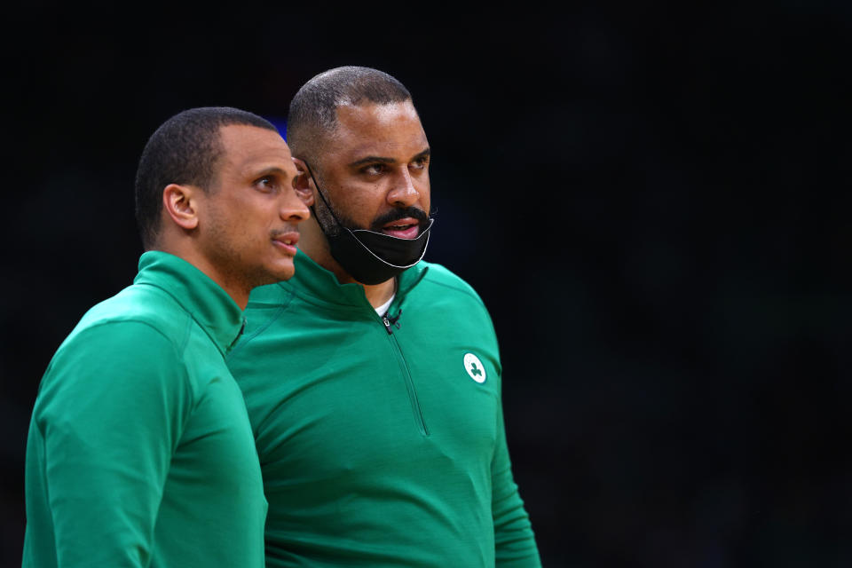 Boston Celtics assistant Joe Mazzulla (left) will serve as interim head coach during Ime Udoka's one-year suspension.  (Elsa/Getty Images)