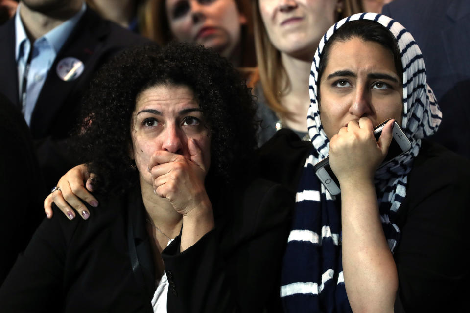 Two women hold their faces as they watch voting results at Democratic presidential nominee former Secretary of State Hillary Clinton's election night event at the Jacob K. Javits Convention Center November 8, 2016 in New York City.&nbsp;