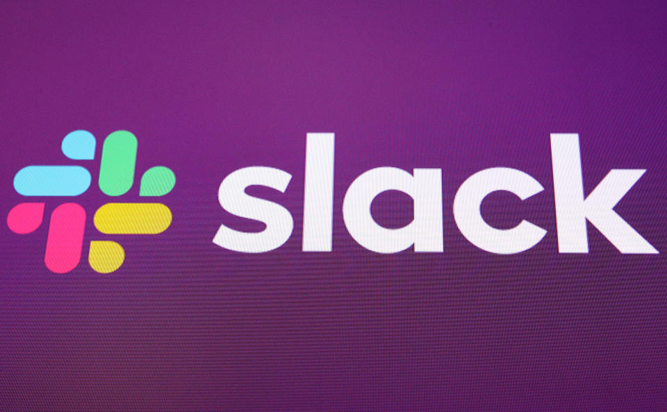 The Slack Technologies Inc. logo is seen at the New York Stock Exchange (NYSE) during the company's IPO in New York, U.S. June 20, 2019.  REUTERS/Brendan McDermid