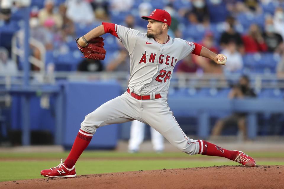 Angels starter Andrew Heaney delivers against the Toronto Blue Jays on April 9, 2021, in Dunedin, Fla.