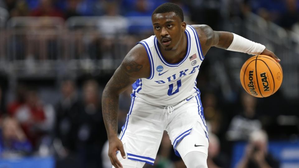 Mar 16, 2023; Orlando, FL, USA; Duke Blue Devils forward Dariq Whitehead (0) dribbles the ball during the second half against the Oral Roberts Golden Eagles at Amway Center.