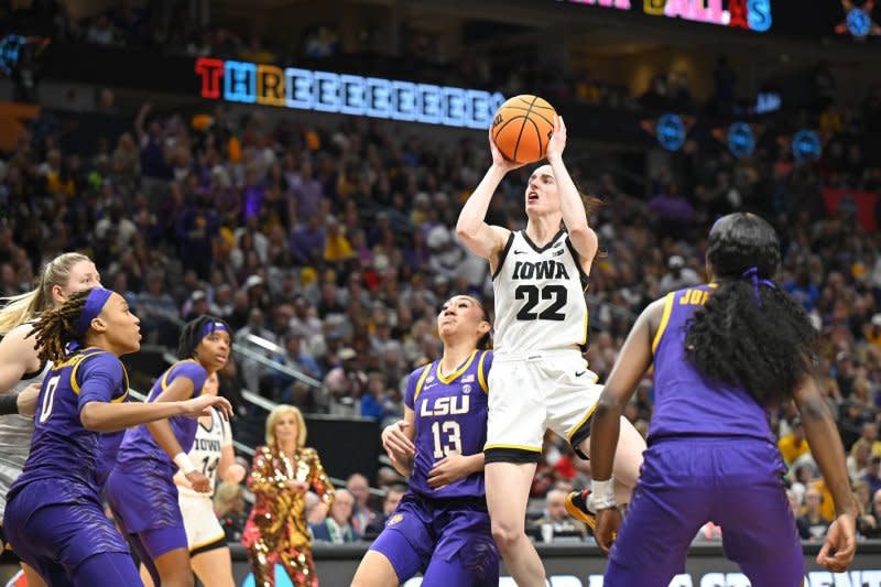 All-American guard Caitlin Clark and the Iowa Hawkeyes are among the favorites to win the 2024 NCAA Division I women's basketball tournament. File Photo by Ian Halperin/UPI