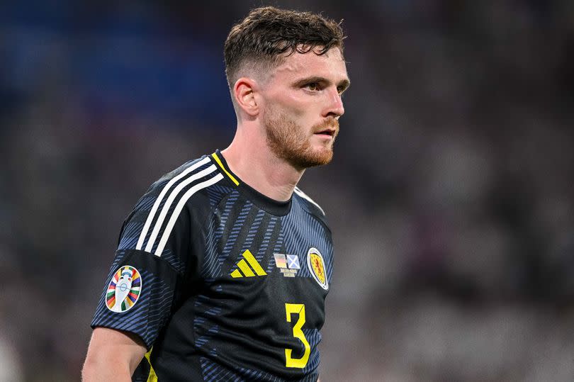 MUNICH, GERMANY - JUNE 14: Andrew Robertson of Scotland looks on during the UEFA EURO 2024 group stage match between Germany and Scotland at Munich Football Arena on June 14, 2024 in Munich, Germany.