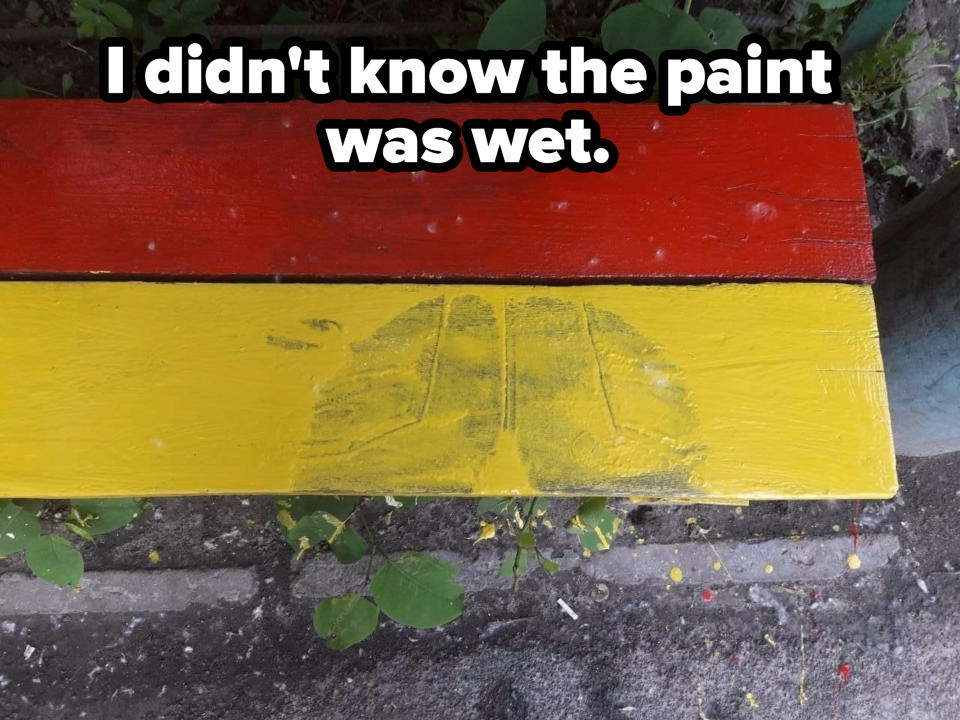 "I didn't know the paint was wet," with footprints on a floor surface