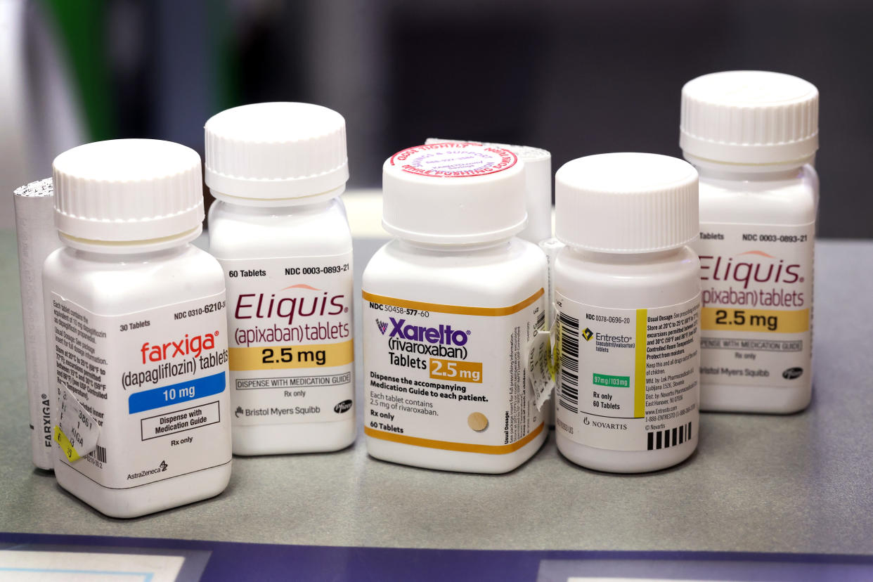 CHICAGO, ILLINOIS - AUGUST 29: In this photo illustration, Farxiga, Xarelto, Entresto, and Eliquis are made available to customers at the New City Halsted Pharmacy on August 29, 2023 in Chicago, Illinois. These are 4 of 10 prescription drugs that will be subject to Medicare price negotiations under the Inflation Reduction Act. The other drugs include Jardiance, Enbrel, Januvia, Imbruvica, Stelara and Fiasp. (Photo Illustration by Scott Olson/Getty Images)