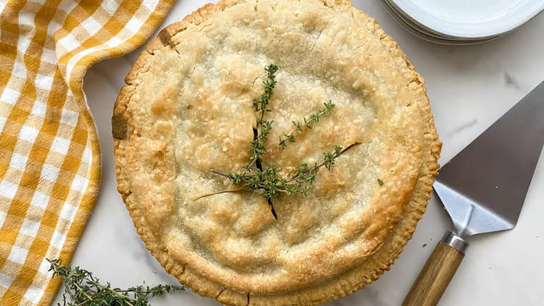 pot pie with herb sprig