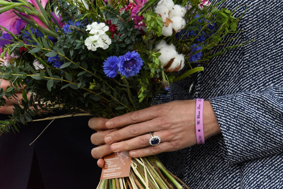 Duchess of Cambridge added another subtle tribute to the Manchester Arena victims with a 'We Choose Love' charity band on her wrist. (Getty Images)