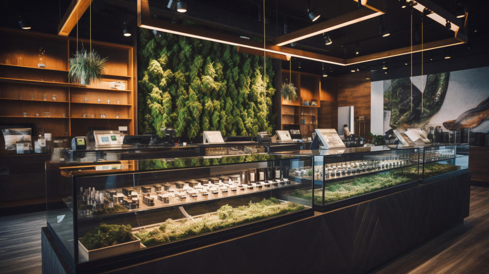 A modern cannabis retail store with a wide selection of products and vaporizers.