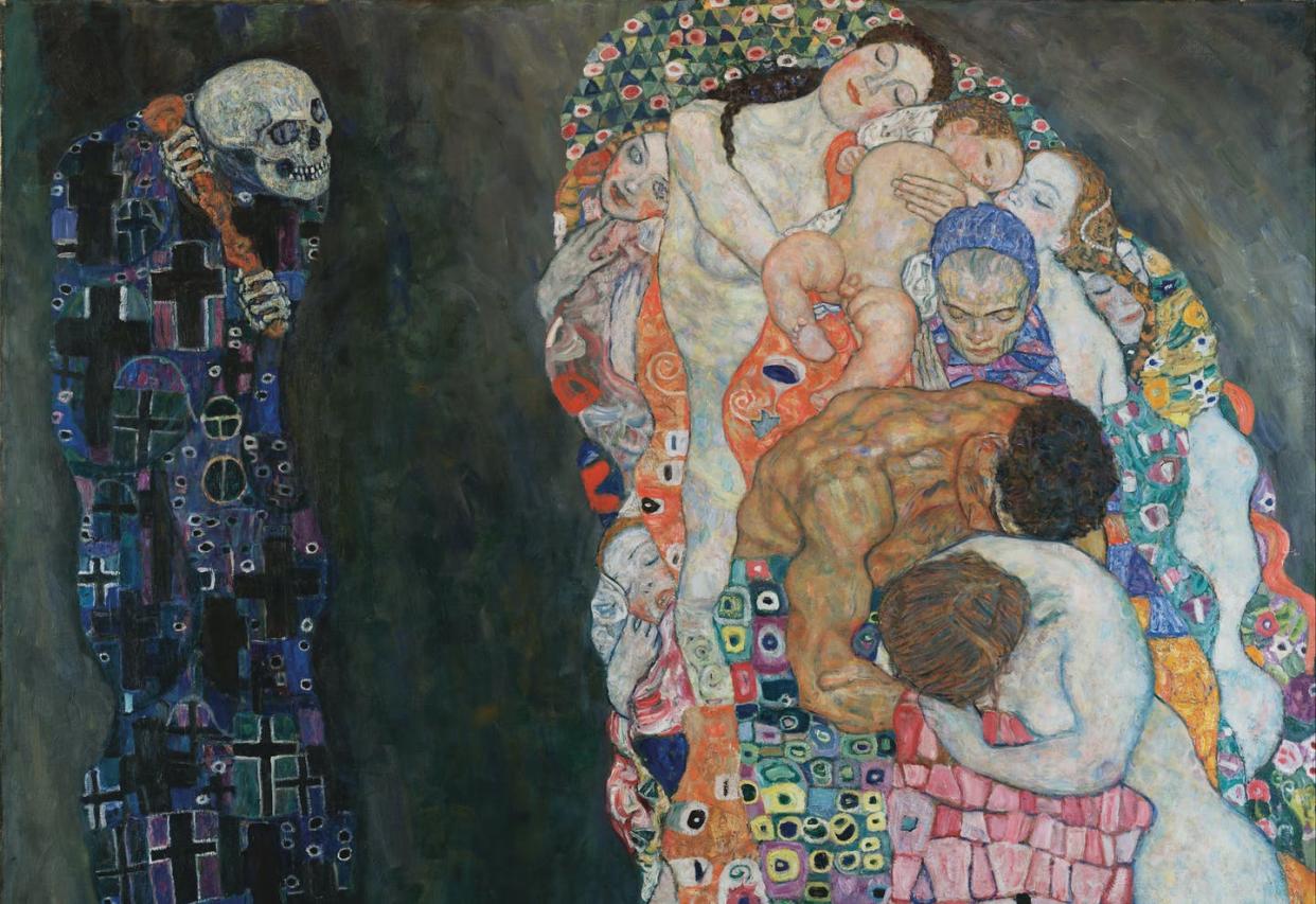 <span class="caption">Gustav Klimt's 'Death and Life' suggests the way many people are unaware of death's ever-present influence.</span> <span class="attribution"><a class="link " href="https://commons.wikimedia.org/wiki/File:Gustav_Klimt_-_Death_and_Life_-_Google_Art_Project.jpg" rel="nofollow noopener" target="_blank" data-ylk="slk:Gustav Klimt/Wikimedia;elm:context_link;itc:0;sec:content-canvas">Gustav Klimt/Wikimedia</a></span>