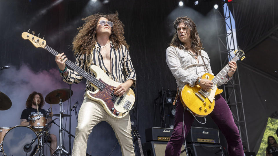 Justin Smolian (L) and John Notto of Dirty Honey perform on day 3 of the Shaky Knees Festival at Atlanta Central Park on May 01, 2022 in Atlanta, Georgia.