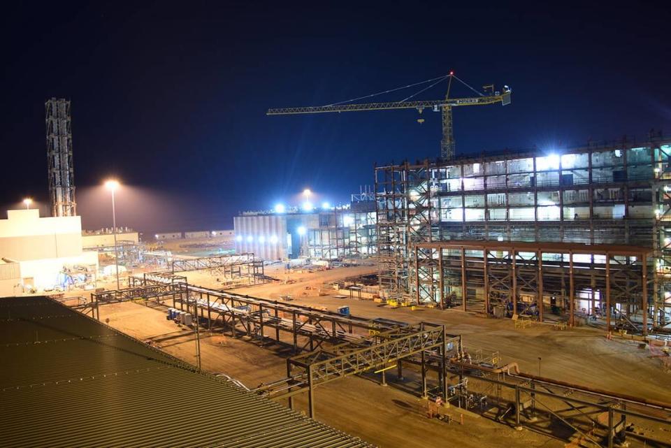 The vitrification plant at the Hanford nuclear reservation is shown at night.