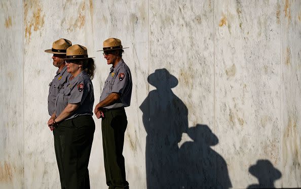 SHANKSVILLE, PENNSYLVANIA - SEPTEMBER 11: The Wall of Names catches the early morning light before a ceremony commemorating the 22nd anniversary of the crash of Flight 93 during the September 11, 2001 terrorist attacks at the Flight 93 National Memorial on September 11, 2023 in Shanksville, Pennsylvania. The nation is marking the 22nd anniversary of the September 11 attacks, when the terrorist group al-Qaeda flew hijacked airplanes into the World Trade Center, Shanksville, PA and the Pentagon, killing nearly 3,000 people. (Photo by Jeff Swensen/Getty Images)