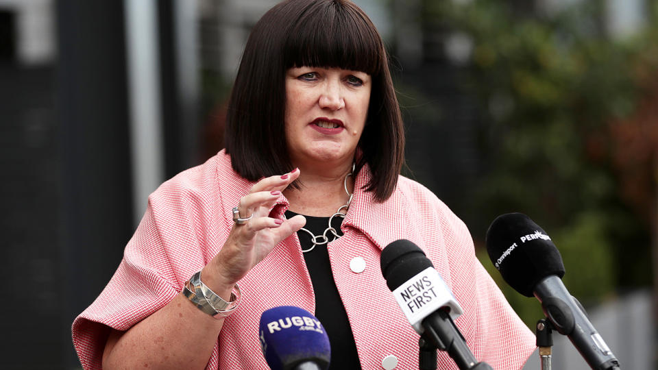 Raelene Castle, pictured here speaking to the media in Sydney at Rugby Australia headquarters.