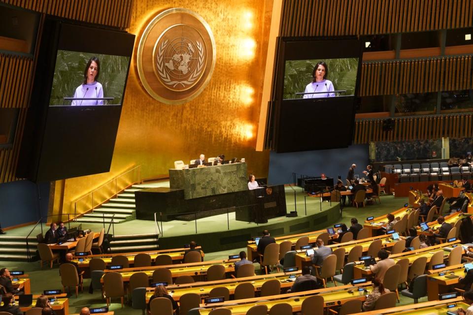 Germany's foreign minister Annalena Baerbock address the United Nations General Assembly before a vote for a U.N. resolution upholding Ukraine's territorial integrity (AP)