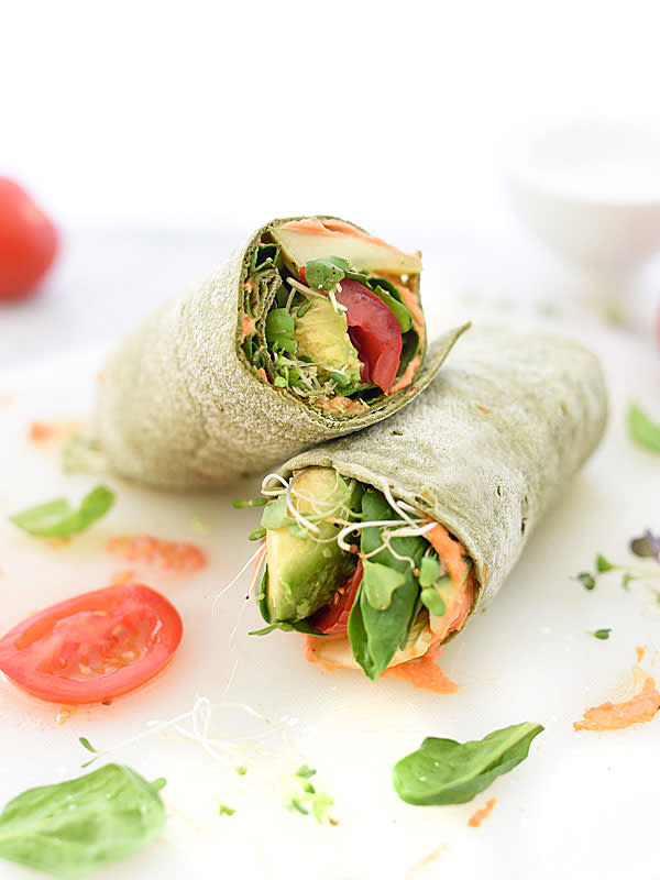 <p>Foodie Crush</p><p>Use store-bought or homemade hummus in this fast, fresh and healthy vegetable-filled lunch and add even more flavor by using your favorite vegetable-flavored wrap or tortilla.</p><p><strong>Get the recipe: <a href="https://www.foodiecrush.com/hummus-veggie-wrap-plus-10-heavenly-hummus-recipes-to-make-at-home/" rel="nofollow noopener" target="_blank" data-ylk="slk:Hummus Veggie Wrap;elm:context_link;itc:0;sec:content-canvas" class="link rapid-noclick-resp"><em>Hummus Veggie Wrap</em></a></strong></p>