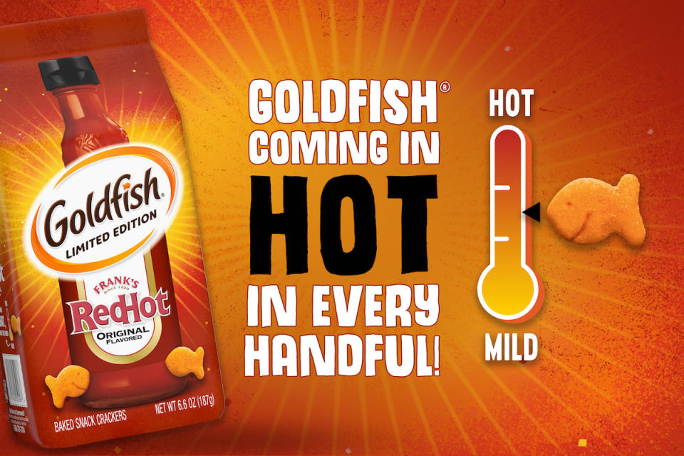 A bag of Frank's RedHot Goldfish next to an animated heat scale labeling the spicy level as HOT