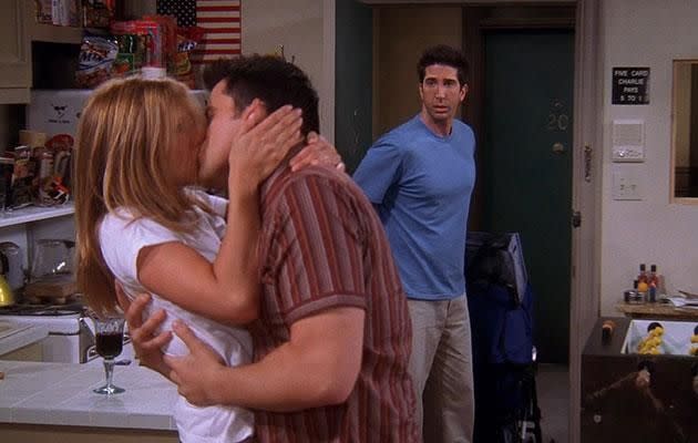 The Ross-Rachel-Joey love triangle happened towards the end of the show. Source: Warner Bros.