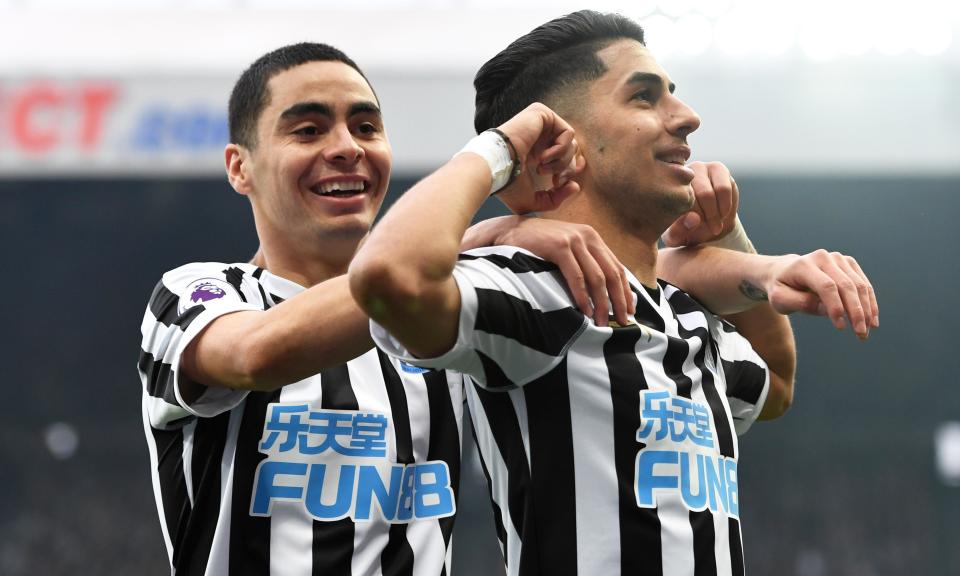 Former Atlanta United playmaker Miguel Almiron (left) and his Newcastle squad are feeling good about their chances of Premier League survival. (The Guardian)