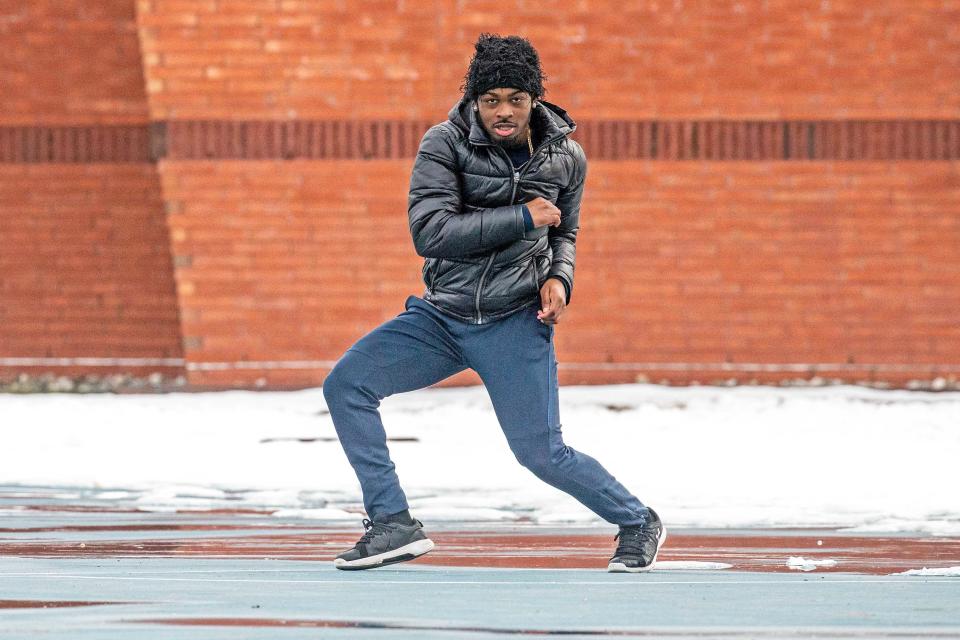 TikTok dancer Stephen Kirton of Newark (better known as Stevo) does the Jubi Slide at Delaware State University in Dover on Tuesday, Jan. 23, 2024. Stevo has 1.7 million followers and generated millions of views from doing the Jubi Slide, a dance that looks like he's walking on air.