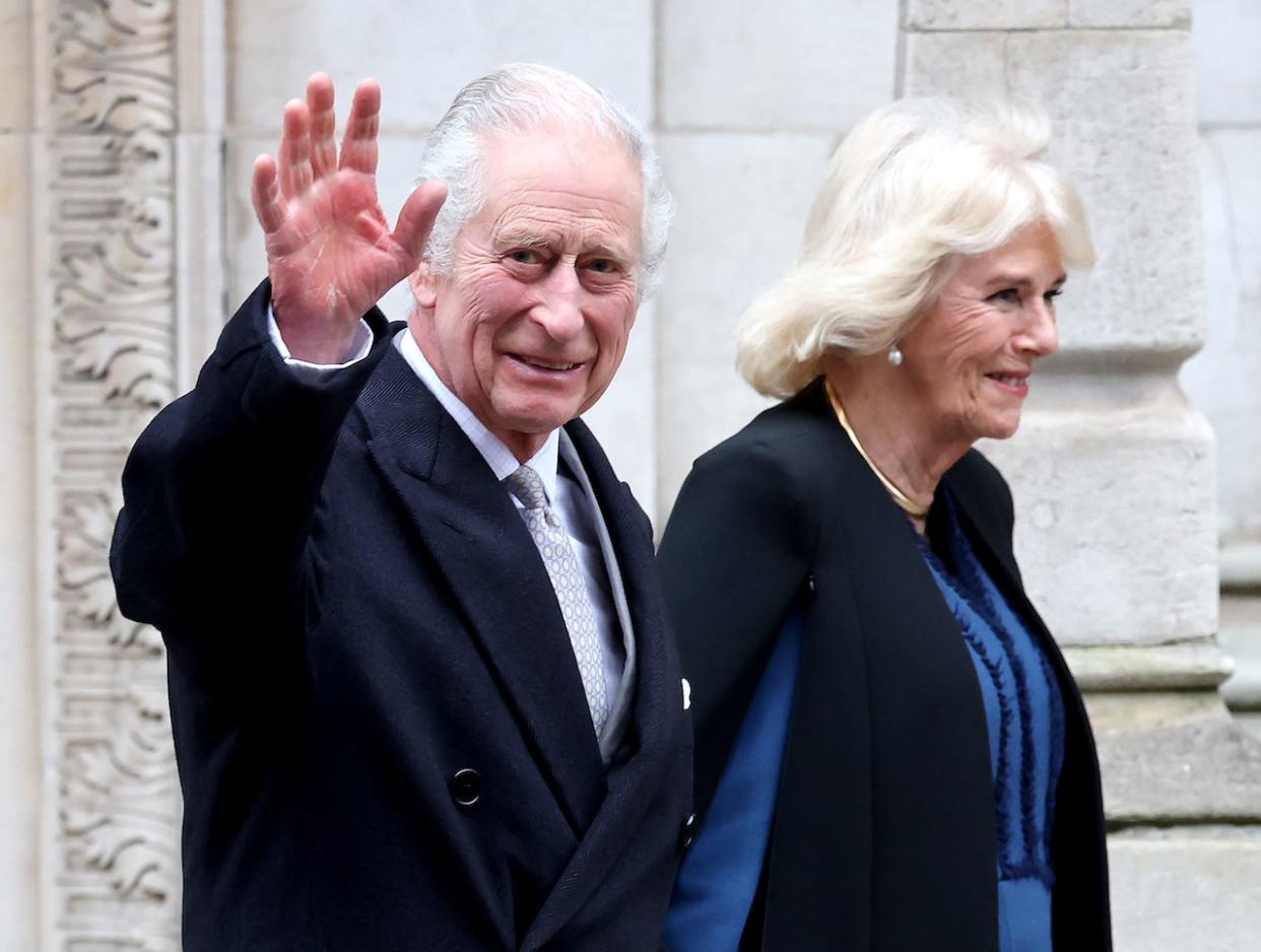 King Charles III with Queen Camilla after he received treatment for an enlarged prostate at The London Clinic on January 29, 2024.