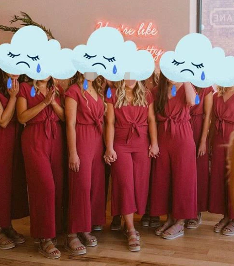 Bridesmaids roasted for red 'Handmaids Tale' jumpsuits: 'Like a cult'. Photo: Facebook.