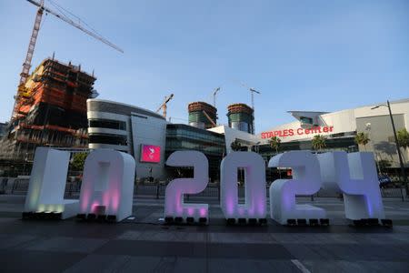 LA 2024 sign is shown outside the Staples Center as the International Olympic Committee Evaluation Commission continues its visit to Los Angeles, California, U.S., May 11, 2017. REUTERS/Mike Blake