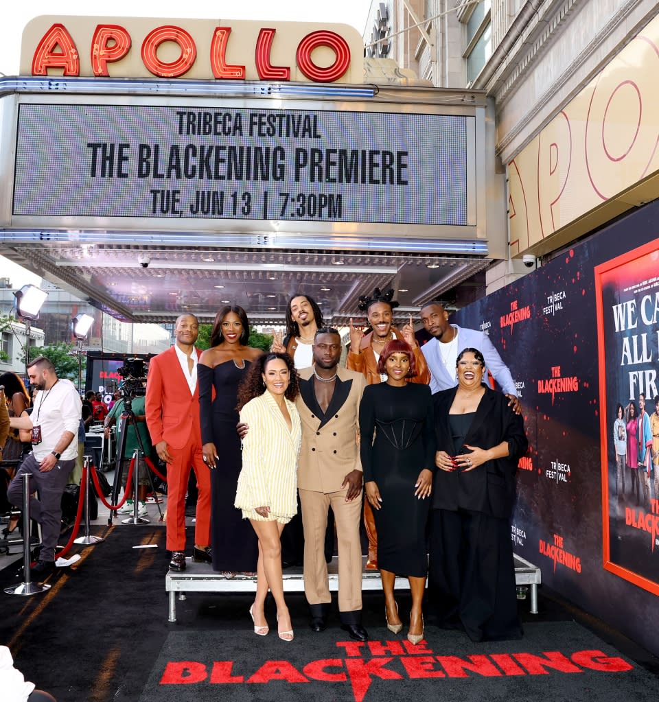 NEW YORK, NEW YORK - JUNE 13: (Top Row L-R) Jermaine Fowler, Yvonne Orji, Melvin Gregg, Dewayne Perkins, Jay Pharoah, (Bottom Row L-R) Grace Byers, Sinqua Walls, Antoinette Robertson, and X Mayo attend 'The Blackening' Tribeca Film Festival Premiere at The Apollo Theater on June 13, 2023 in New York City. (Photo by Arturo Holmes/Getty Images for Lionsgate)