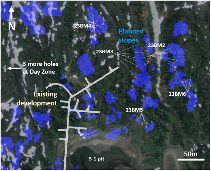 3D view of the drill pad locations and drill hole traces reported in this release